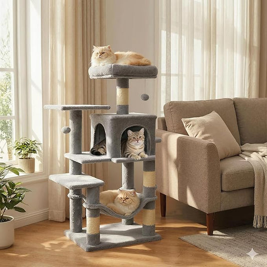 Tangkula Cat Tree Tower, 44 Inch Multi-Level Cat Tower with Sisal Scratching Posts, 2-Door Condo, Padded Top Perch & Hammock, 2 Hanging Balls, Jumping Platforms for Indoor Cats (Light Gray)