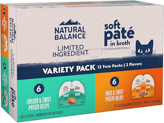 Natural Balance Limited Ingredient Split Cup Variety Pack - Chicken and Duck with Sweet Potato Recipe Soft Pate Wet Cat Food for Sensitive Stomachs and for Healthy Digestion, 2.6 oz. Case of 12