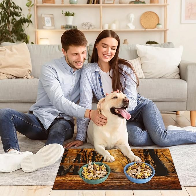 Autumn Trees Dog Food Mat for Floors Absorbent, Quick Dry Water Dispenser Mat for Food, Water, Pet Supplies 17" x 30", Maple Leaf