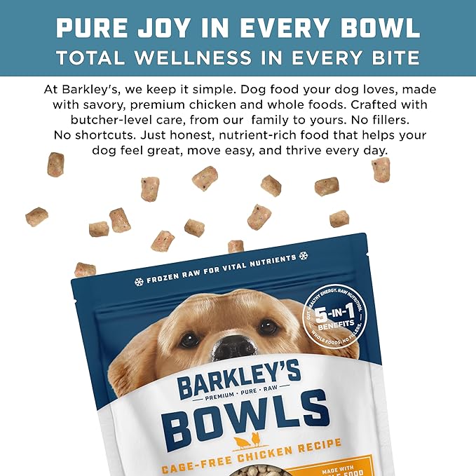 Barkley’s Bowls, Frozen Raw Chicken Dog Food, Fresh Whole Food Ingredients with Cage-Free Chicken, Grain Free, High Protein for Balanced Nutrition, Frozen Meals, Human Grade Ingredients, 4 lb (3 Pack)