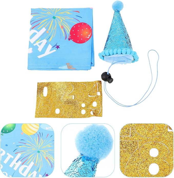 Toyvian Dog Birthday Hat and Bandana Set, 3pcs Blue Party Supplies, Lightweight Pet Birthday Accessories for Puppies and Small Dogs