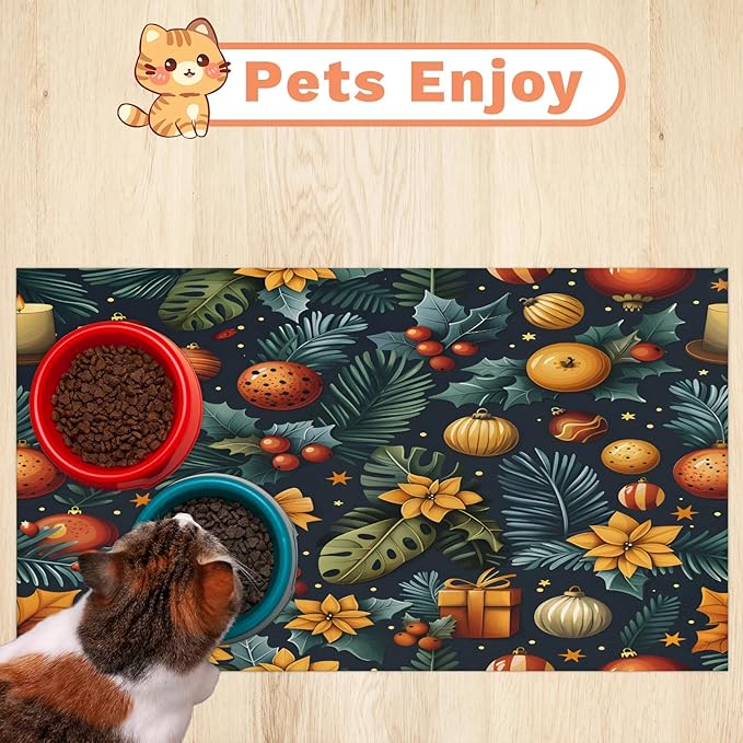 Merry Christmas Dog Food Mat for Floors Absorbent, Quick Dry Water Dispenser Mat for Food, Water, Pet Supplies 16" x 24", Holly Flower