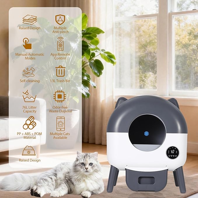 Self Cleaning Litter Box, Large Capacity Automatic Cat Litter Box Self Cleaning for Cats, Electric Cat Litters Box, App Control, Triple Safety Protection, 1 Roll Garbage Bags, for MultiCat Households