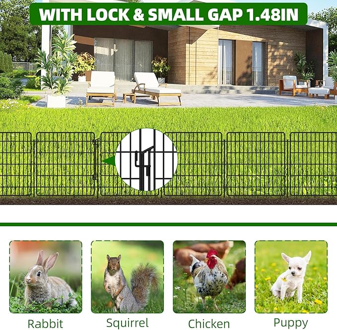 5 Panels Garden Fencing Animal Barrier with Lock, 24 in(H) X 10 Ft(L) Dog Fence Outdoor for Yard Rustproof No Dig Decorative Tall Garden Fence Metal Wire Panel Border Rabbit Ground Stakes Fencing