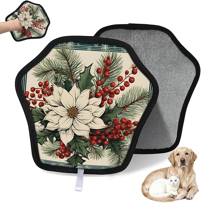 Leaf Berry Theme Electrostatic Pet Hair Removal Glove for Cats & Dogs - Reusable Grooming Mitt for Couch, Carpet, Car Seat & Laundry - Large 9x9 Inch