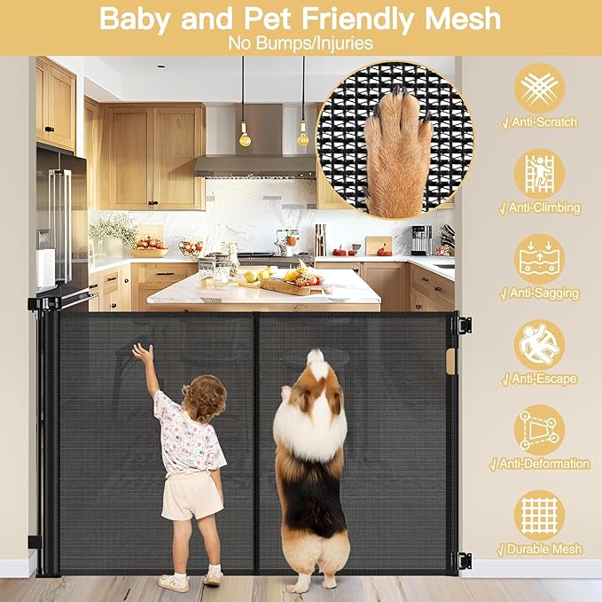 Reinforced 42" Extra Tall Pet Gate 55" Wide Retractable Baby Gate with Support Rods - Retractable Dog Gate Indoor/Outdoor Retractable Gate, Bottom Anti-Escape Tall Dog Gates for Doorways, Black
