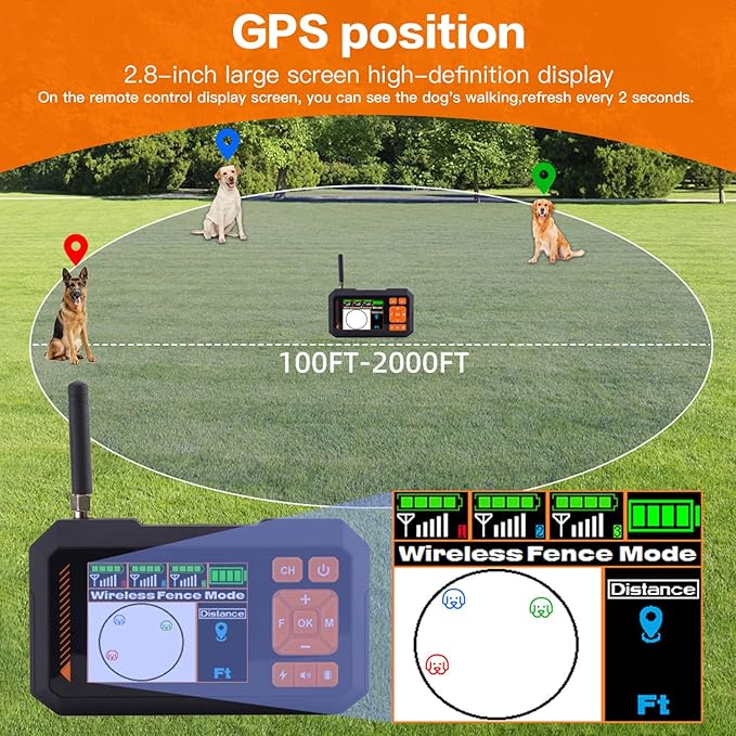 pet Electric Fence,Dog Wireless Electric Fence System,GPS Smart Remote Training Collar Function 2000ft Adjustable Range Waterproof Rechargeable Batteries （Cats Cannot use it.）