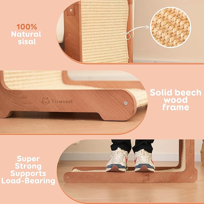 Sisal Cat Scratcher for Indoor Cats, Beechwood Base, Natural Sisal Woven Scratch Pad, Durable Scratching Post, Furniture Protector (L1)