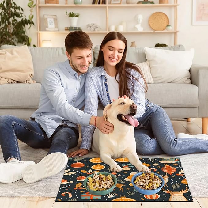 Christmas Deer Dog Food Mat for Floors Absorbent, Quick Dry Water Dispenser Mat for Food, Water, Pet Supplies 17" x 30", Orange Socks Ball