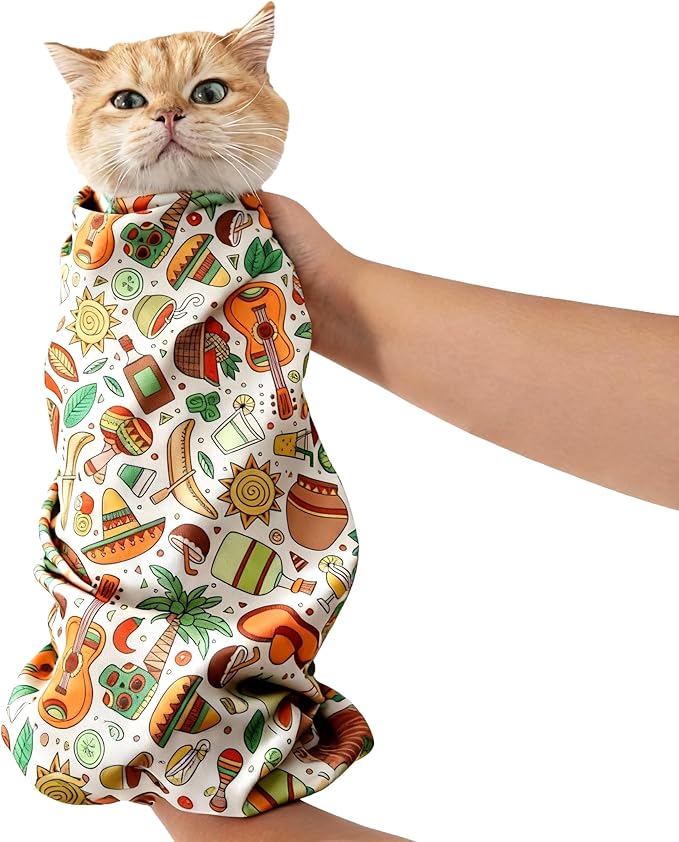 25.6" Cat Grooming Wrap,cat wrap for Cutting Nails,Self-Adhesive cat Swaddle wrap cat Restraint cat wrap Blanket for Medicine, Nail Clipping, Teeth Brushing,White Guitar(Within 10lbs)