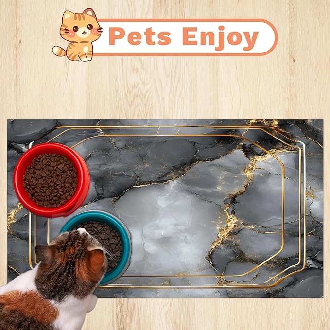 Grey Marble Dog Food Mat for Floors Absorbent, Quick Dry Water Dispenser Mat for Food, Water, Pet Supplies 17" x 30", Abstract