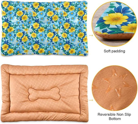 Dog Bed for Crate Washable Pet Sleep Pad, Floral Print Kennel Mat with Non-Slip Bottom, Soft Fluffy Supplies Pet for Dogs and Cats (24x18 inch)