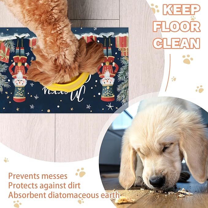 Merry Christmas Dog Food Mat for Floors Absorbent, Quick Dry Water Dispenser Mat for Food, Water, Pet Supplies 17" x 30", Christmas Nutcrackers
