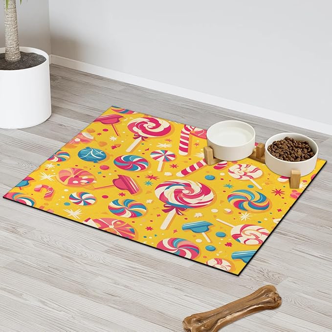 Lollipop Dog Food Mat for Floors Absorbent Dog Bowl Mat for Food and Water Dispenser Quick Dry Cat Food Placemat Pet Supplies 12" x 20", Colorful Candy