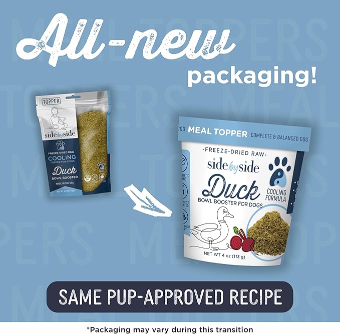 Side by Side Duck Bowl Booster - Cooling Freeze-Dried Dog Food Topper for All Breeds - Made with Nutrients & Whole Raw Foods Toppers for Dogs - No Artificial Additives or Fillers (4 oz.,2-Pack)