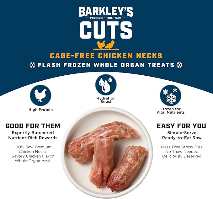 Barkley’s Cuts, Frozen Raw Whole Chicken Necks Dog Treats, Single Ingredient, Flash Frozen, High Protein Training Treats and Food Toppers for Puppies and Dogs, Human Grade Ingredients, 16 Oz Bag