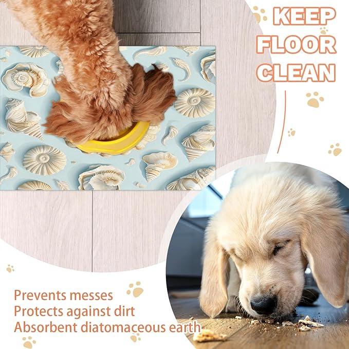 Seashell Dog Food Mat for Floors Absorbent Dog Bowl Mat for Food and Water Dispenser Quick Dry Cat Food Placemat Pet Supplies 12" x 20", Nautical Coastal