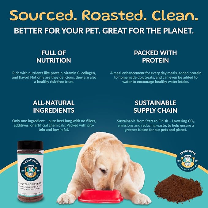 TREATOPIA Protein Crumbles Meal Topper for Dogs & Cats, 8 Oz Shaker Bottle - All-Natural Beef Lung & Liver Appetite Stimulant Seasoning, High-Protein, Healthy Treat, Slow-Roasted, Made in The USA