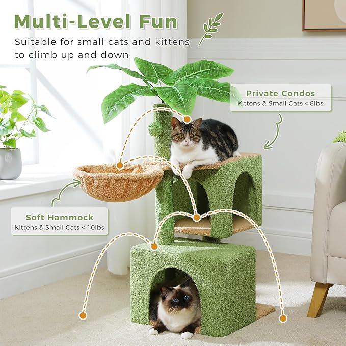 Green Cat Tree for Indoor Cats, 43" Small Cat Tower with Realistic Leaves, Scratching Posts, Dual Condos and Cozy Hammocks, Kitten Activity Center with Dangling Ball