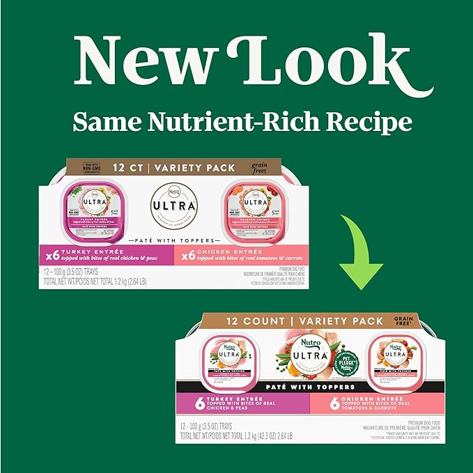 Nutro Ultra Wet Dog Food Pate with Food Toppers for Dogs, Chicken & Turkey Entree Variety Pack, 3.5 oz Trays (12 Count, Pack of 1)