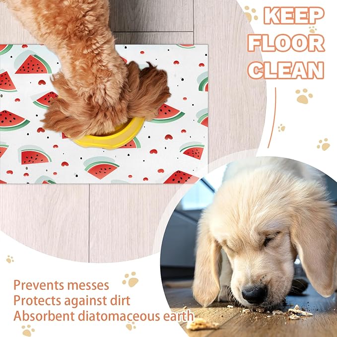 Watermelon Dog Food Mat for Floors Absorbent Dog Bowl Mat for Food and Water Dispenser Quick Dry Cat Food Placemat Pet Supplies 17" x 30", Cartoon Fruit