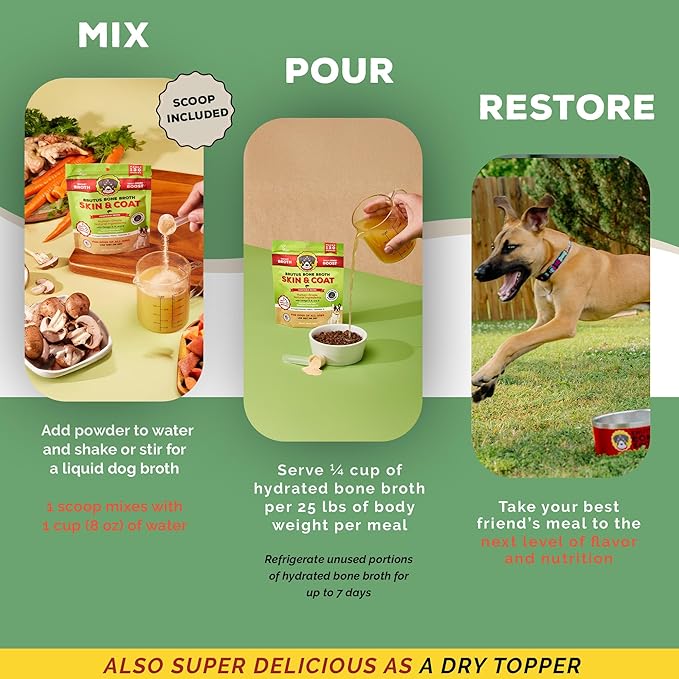 Brutus Broth Dog Food Topper - Vegetable Instant Broth Powder for Adult Dogs’ Skin & Coat - Made with Natural Ingredients - Serve Dry or Wet - Vegetable Flavor - 3.5 oz Pack (Makes 130 oz with Water)