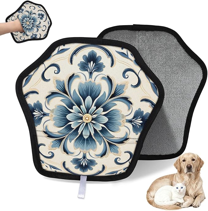 Blue Floral Electrostatic Pet Hair Removal Glove for Cats & Dogs - Reusable Grooming Mitt for Couch, Carpet, Car Seat & Laundry - Large 9x9 Inch
