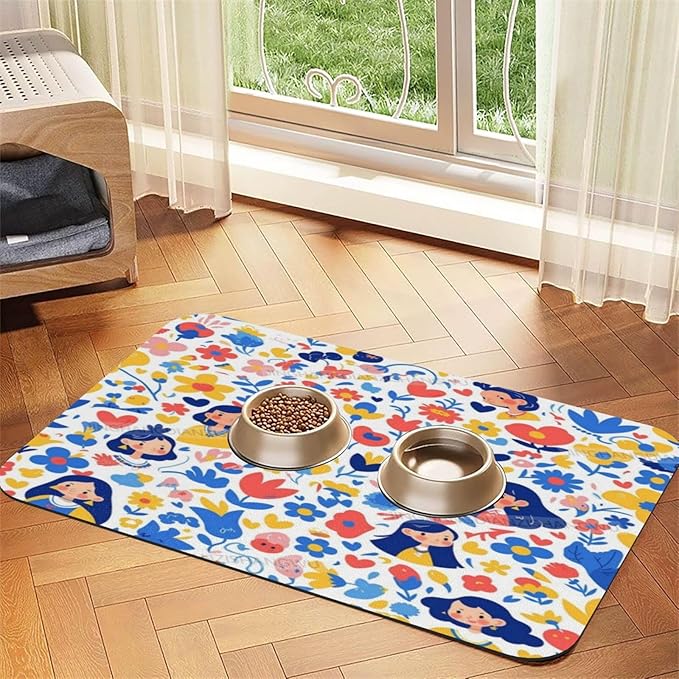 Dog Food Mat Happy Mother's Day Floral Gift for Mom Ck Absorbent Water Bowl Mats Cat Pet Feeding Placemats 24x16In