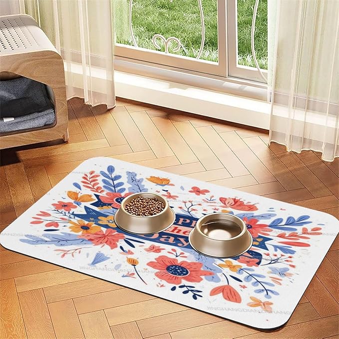 Pet Feeding Mat Absorbent Dog Mat for Food Water Bowl No Stains Quick Dry Water Dispenser Mats Happy Mother's Day Floral Gift for Mom H Dog Accessories Pet Supplies Bowl Messy Drinkers 18X12In
