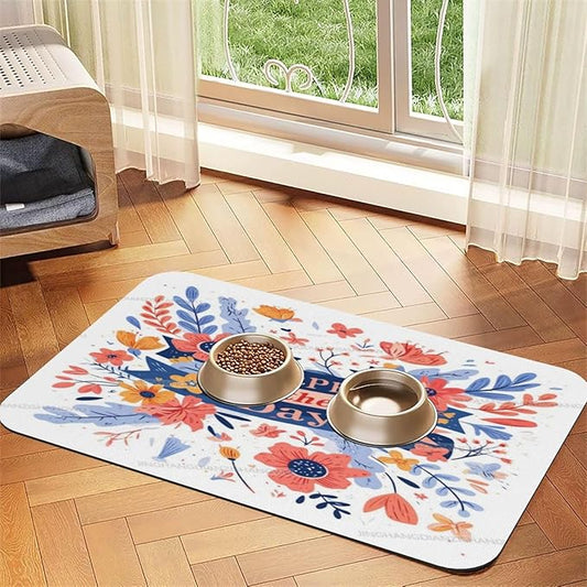Pet Feeding Mat Absorbent Dog Mat for Food Water Bowl No Stains Quick Dry Water Dispenser Mats Happy Mother's Day Floral Gift for Mom H Dog Accessories Pet Supplies Bowl Messy Drinkers 18X12In