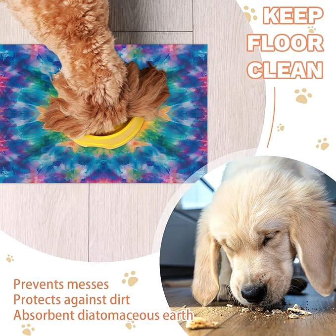 Tie Dye Dog Food Mat for Floors Absorbent, Quick Dry Water Dispenser Mat for Food, Water, Pet Supplies 24" x 32", Watercolor Mandala