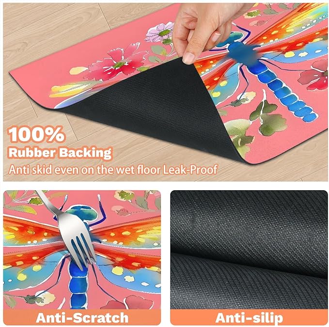 Dragonfly Dog Food Mat for Floors Absorbent, Quick Dry Water Dispenser Mat for Food, Water, Pet Supplies 17" x 30", Spring Flower