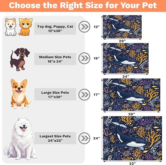 Black Shark Dog Food Mat for Floors Absorbent Dog Bowl Mat for Food and Water Dispenser Quick Dry Cat Food Placemat Pet Supplies 17" x 30", Boho Ocean Fish