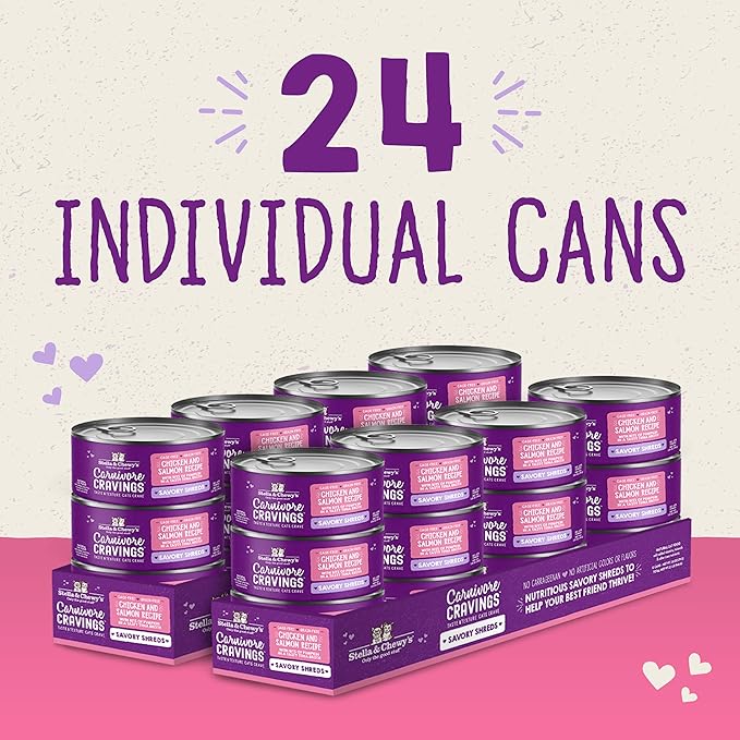 Stella & Chewy's Carnivore Cravings Savory Shreds Cans – Grain Free, Protein Rich Wet Cat Food – Cage-Free Chicken & Wild-Caught Salmon Recipe – (5.2 Ounce Cans, Case of 24)