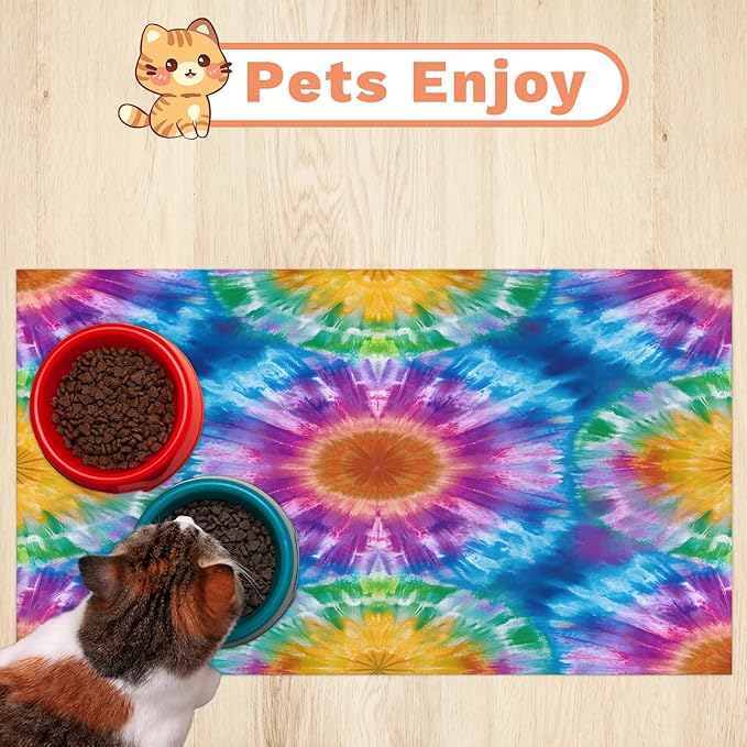 Tie Dye Dog Food Mat for Floors Absorbent, Quick Dry Water Dispenser Mat for Food, Water, Pet Supplies 17" x 30", Colorful Abstract