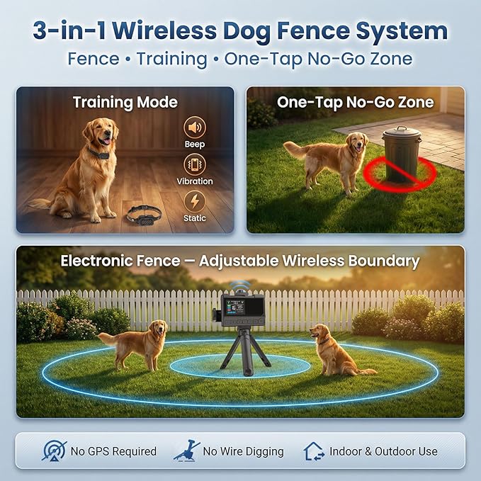 Wireless Dog Fence – Precise Signal 3-in-1 Boundary, Training & No-Go Zone System, Up to 1 Acre Circular Coverage, Waterproof Collar, Indoor & Yard Use, Fits 10–120 lb Dogs