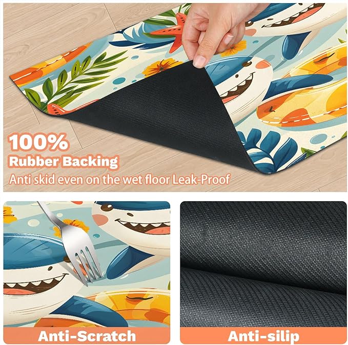 Cute Shark Dog Food Mat for Floors Absorbent Dog Bowl Mat for Food and Water Dispenser Quick Dry Cat Food Placemat Pet Supplies 12" x 20", Ocean