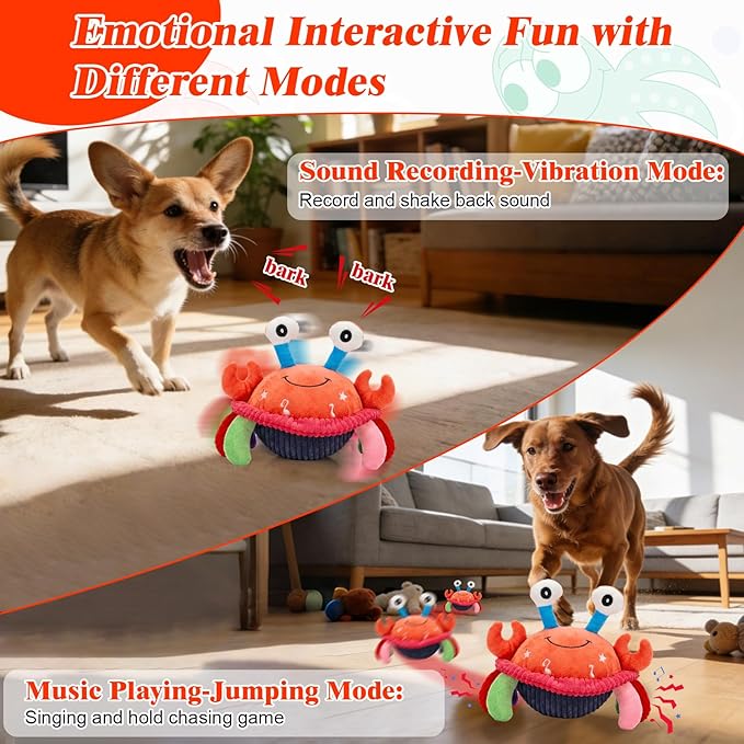 Mity rain Interactive Dog Toys Crab with Thicken Plush, Moving Dog Toy with Recording Mode Shaking & Singing Mode Bouncing, Funny Ball Jumping to Keep Them Busy and Chase, Rechargeable