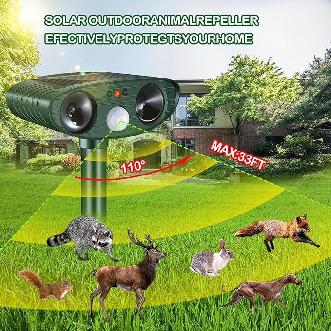 Ultrasonic Cat Deterrent,Solar Powered Deterrent with Motion Sensor and Flashing Lights Outdoor Solar Farm Garden Yard Device,Dogs,Cats,Birds