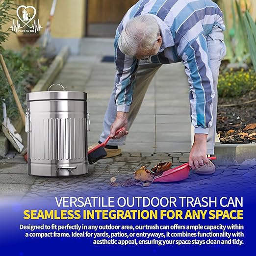 Pet Fit For Life - Steel Trash Can with Lid, Steel Galvanized Trash Can, Step Foot Pedal, Plastic Inner Lining, Custom Liner Bags, Weather-Resistant Outdoor Bin for Yard, 16" Tall, 12L/3.2 Gallons