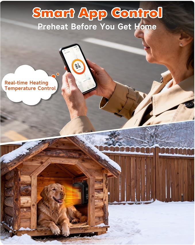 PETNF Dog House Heater with Thermostat & WiFi App Control, 68–104°F Adjustable Temp, 24H Timer, 500W Fast Heating, Safe Anti-Chew Cord, Outdoor Pet Heater for Dogs, Cats & Chicken Coops