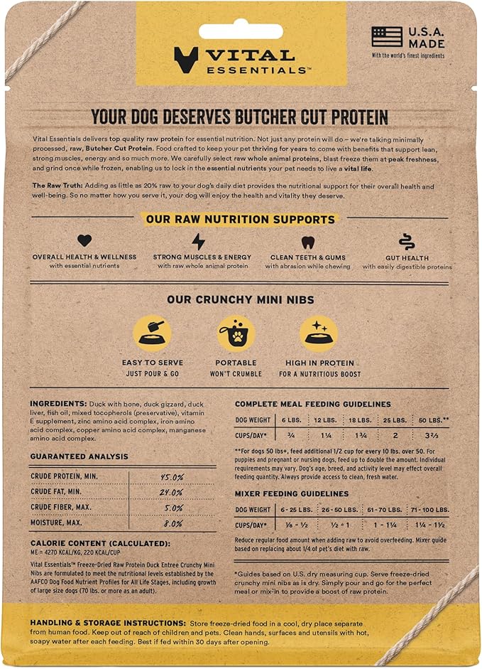 Vital Essentials Freeze Dried Dog Food, Raw Duck Crunchy Mini Nibs | Complete Meal or Topper | 96% Duck, Organs & Bone | Limited Ingredient, High Protein, Grain Free Dry Dog Food | 5.5 oz Bag