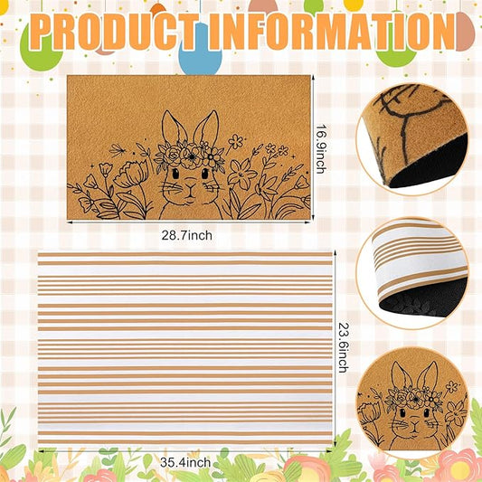 Tinideya 2 Pcs Easter Day Door Mat Welcome Outdoor Non Slip Coir Mats Flower and Bunny Floor Layering Doormats Seasonal for Front Porch Entryway Decor (Easter Bunny)