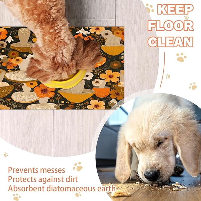 Mushroom Dog Food Mat for Floors Absorbent Dog Bowl Mat for Food and Water Dispenser Quick Dry Cat Food Placemat Pet Supplies 24" x 32", Wildflower