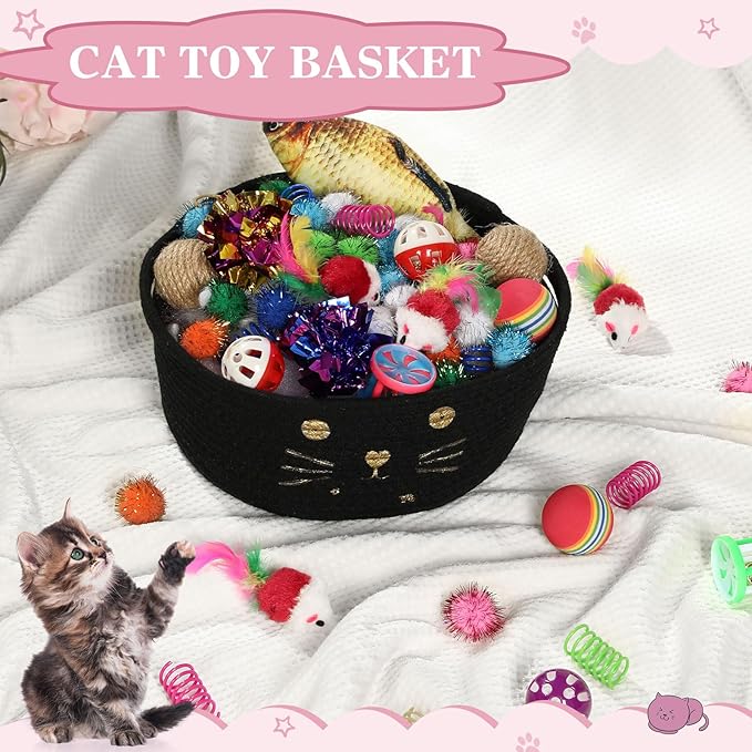 Zopeal 58 Pcs Easter Cat Storage Basket Gift Toys Set, Colorful Flashing Balls Pet Bell Crinkle Balls Spring Toys Attract Cat to Swat, Hunt, Interactive for Pet(Black,9.8 Inch)