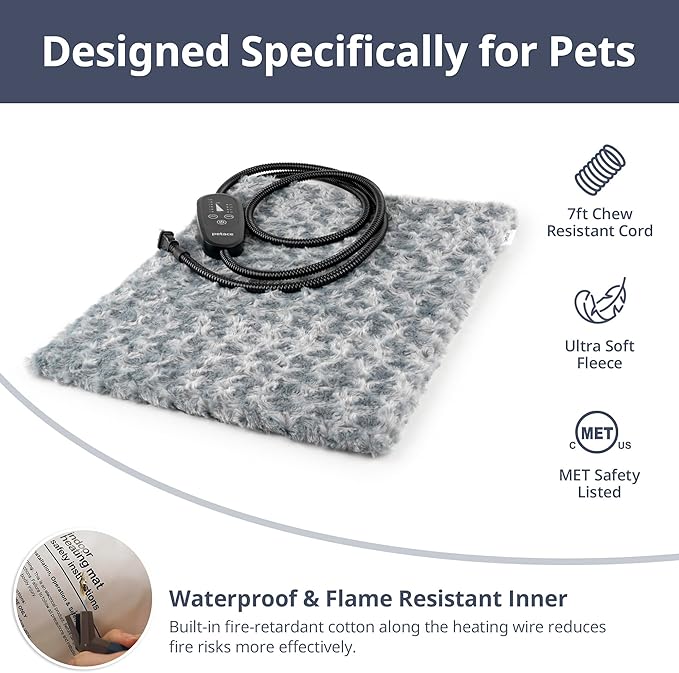 Adjustable Temperature Heated Cat Bed & Dog Heating Pad with Timer, Chew-Resistant Cord, Thick and Soft Cover, Indoor Pet Heating Pad, 17.7" x 15.7"