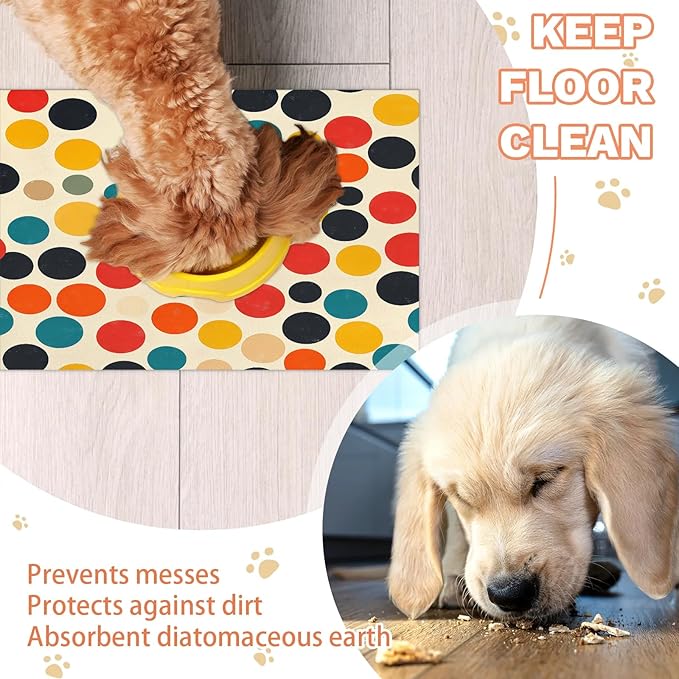 Polka Dot Dog Food Mat for Floors Absorbent Dog Bowl Mat for Food and Water Dispenser Quick Dry Cat Food Placemat Pet Supplies 24" x 32", Red Black Blue