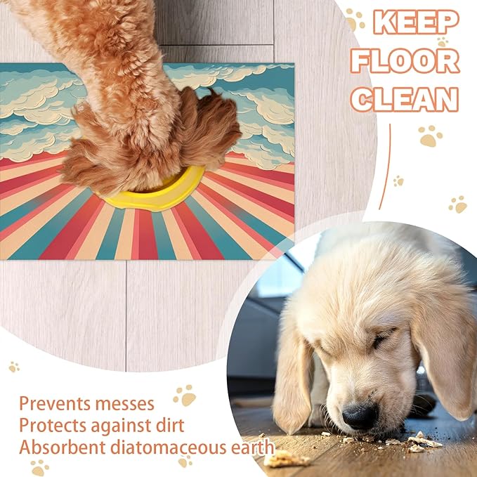 Sun Rainbow Dog Food Mat for Floors Absorbent, Quick Dry Water Dispenser Mat for Food, Water, Pet Supplies 16" x 24", Cloud
