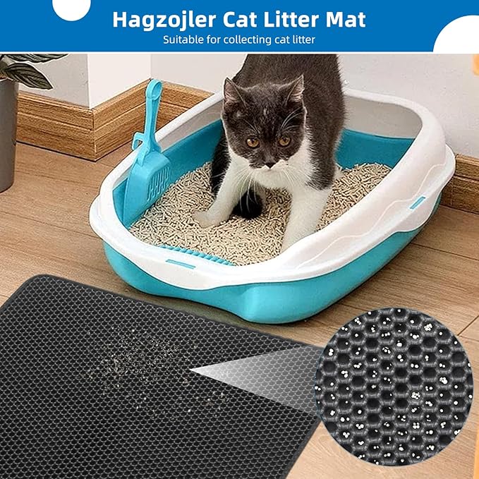 Cat Litter Mat for Indoor Cats Eva Double-Layer Litter Box Mat Washable for Easy Cleaning Cat Rug Collects Litter and Prevents Liquid Leakage (Black, 23.6×15.7inch)