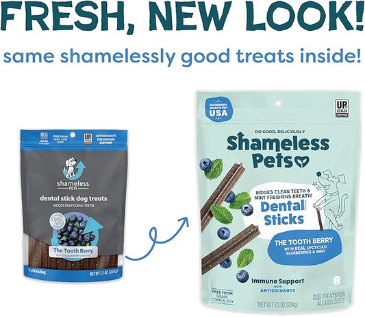 Shameless Pets Blueberry & Mint Dental Chews for Dogs, 8 Chews - Natural Dog Teeth Cleaning Treats with Fresh Breath Benefits | Grain-Free Dental Sticks for Small, Medium & Large Dogs